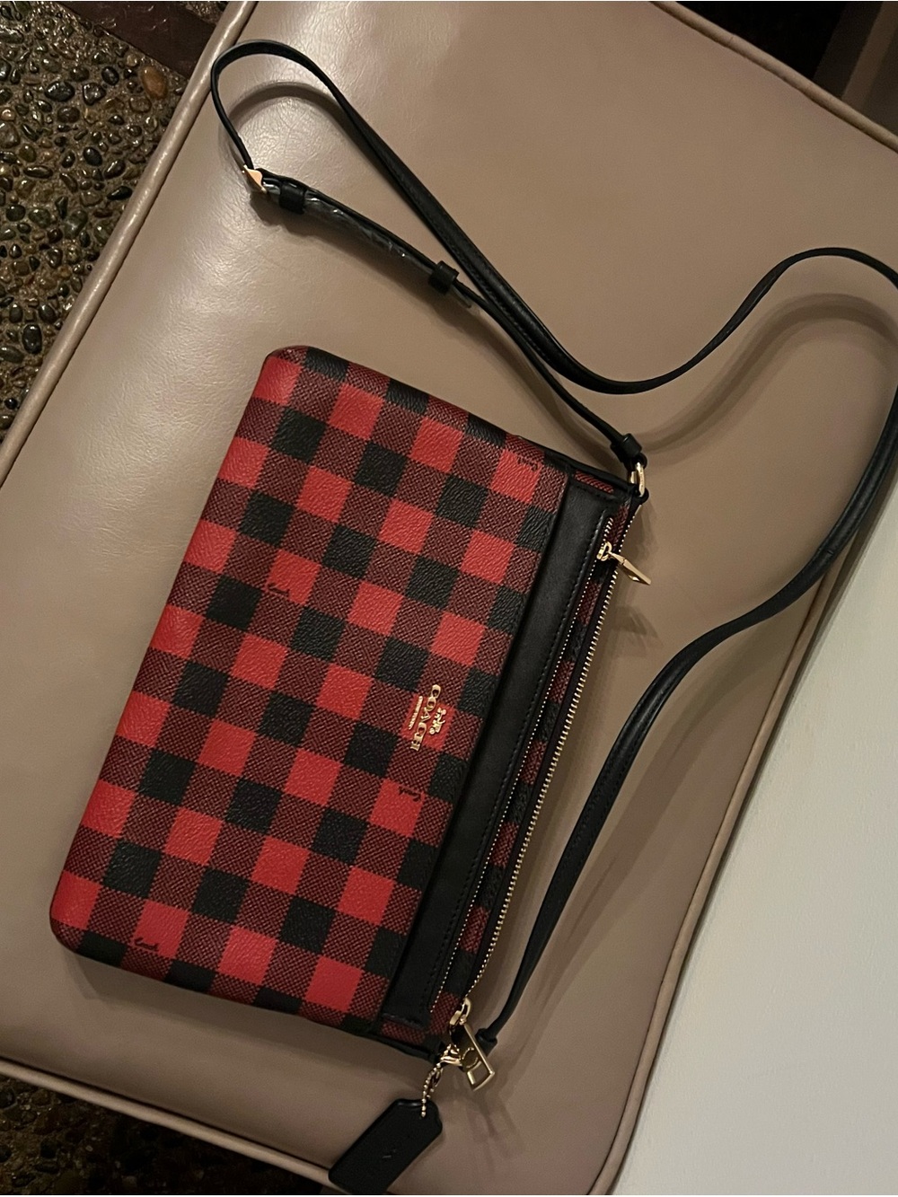 Coach Red and Black Buffalo Check Crossbody with Gold Hardware